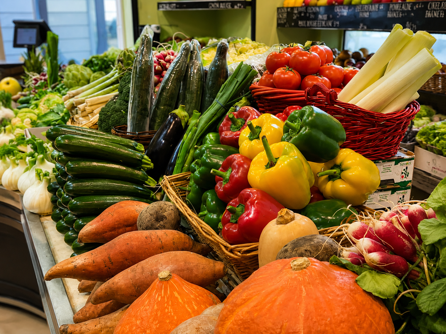 Étal coloré : poivrons, tomates, courges