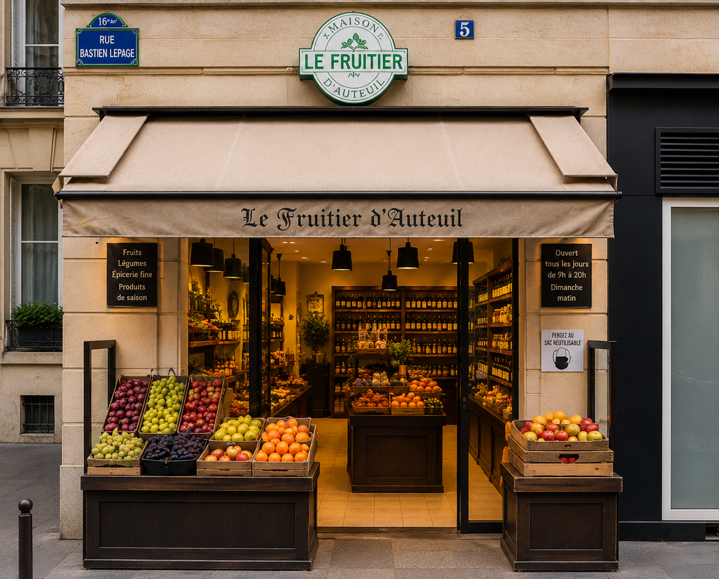 Devanture de Le Fruitier d'Auteuil, 5 rue Bastien Lepage — Paris 16e